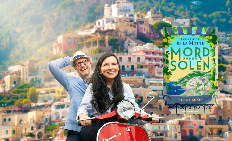Anders och Anette de la Motte i italien och omslaget för boken Intrig i Amalfi